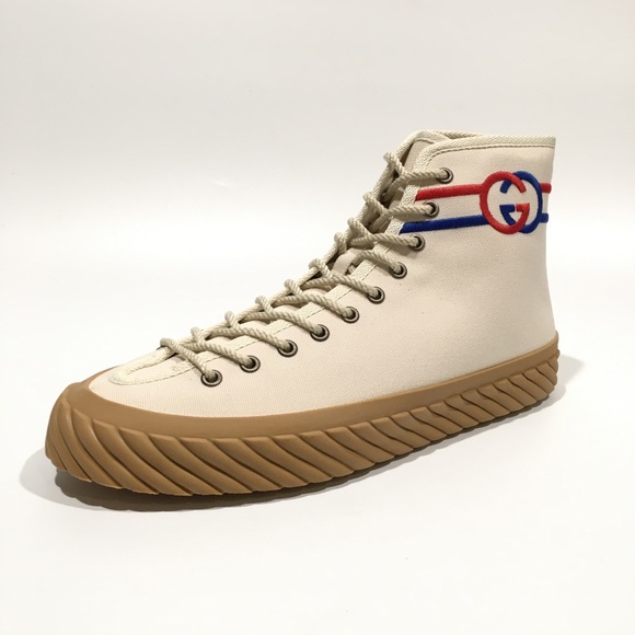 GUCCI INTERLOCKING G HIGH TOP SNEAKERS -WHITE CANVAS -MEN’S US 9.5 -NEW - Picture 1 of 10